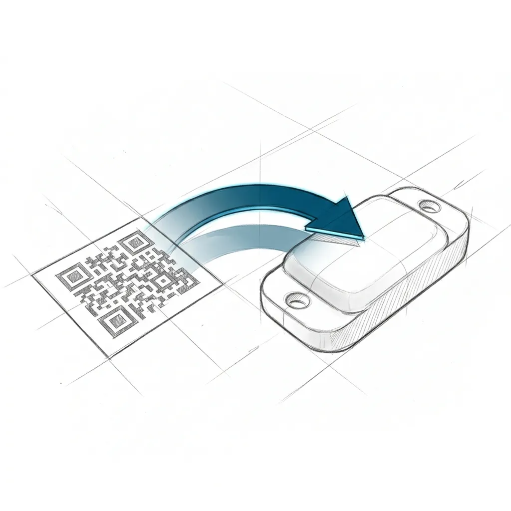 Bleistiftskizze: ein aufgedruckter quadratischer Code liegt flach auf einer Fläche, daneben ein quaderförmiger Transponder mit je einer Bohrung an beiden Enden. Ein breiter Pfeil führt im Bogen vom Code zum Transponder und leuchtet blau.