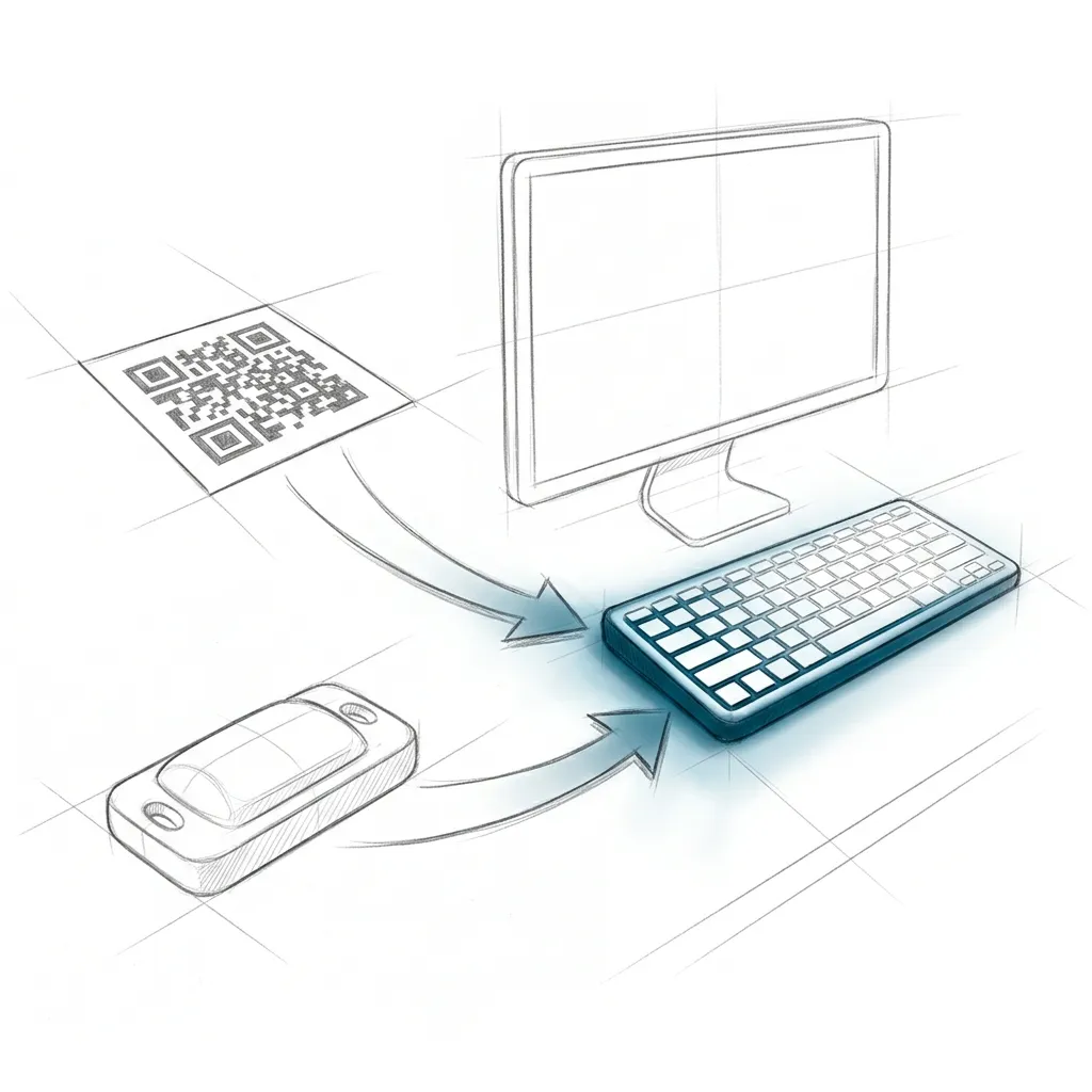 Bleistiftskizze: links ein aufgedruckter quadratischer Code und ein quaderförmiger Transponder, rechts ein Bildschirm und eine Tastatur. Vom Code und vom Transponder führt je ein Pfeil zur Tastatur, die blau leuchtet.