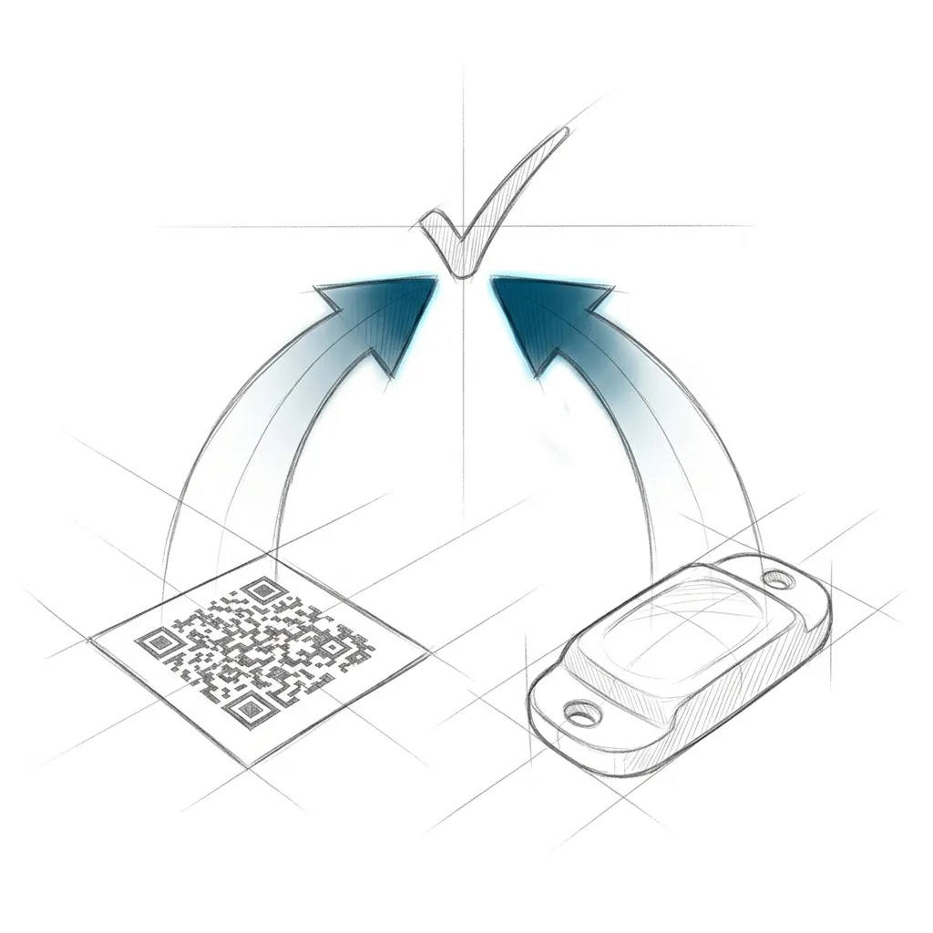 Bleistiftskizze: ein aufgedruckter quadratischer Code und ein quaderförmiger Transponder liegen nebeneinander. Von beiden führt je ein Pfeil nach oben, die sich unter einem Haken treffen. Beide Pfeilspitzen leuchten blau.