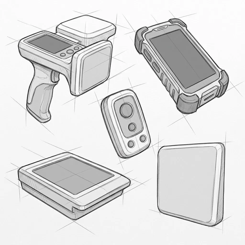 Bleistiftskizze von fünf Geräten auf leerer Fläche: ein Handlesegerät mit Pistolengriff, Bildschirm, einer Tastenreihe und einer flachen Antenne obenauf; ein robustes Handgerät in Form eines Smartphones in einer Schutzhülle; ein kleines handliches Lesegerät mit einer grossen und drei kleineren Tasten; ein flaches Tischlesegerät mit einer grossen Fläche auf der Oberseite; und eine schlichte quadratische Antennenplatte, hochkant stehend.
