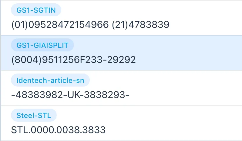 Bildschirmfoto der Kennzeichnungen eines einzelnen Assets, je eine pro Zeile. Jede Zeile trägt eine Markierung mit dem Namen des Schemas, zu dem die Kennzeichnung gehört (GS1-SGTIN, GS1-GIAISPLIT, Identech-article-sn, Steel-STL), darunter die Kennzeichnung selbst. Die vier Werte sind unterschiedlich aufgebaut; die zweite Zeile ist hervorgehoben.