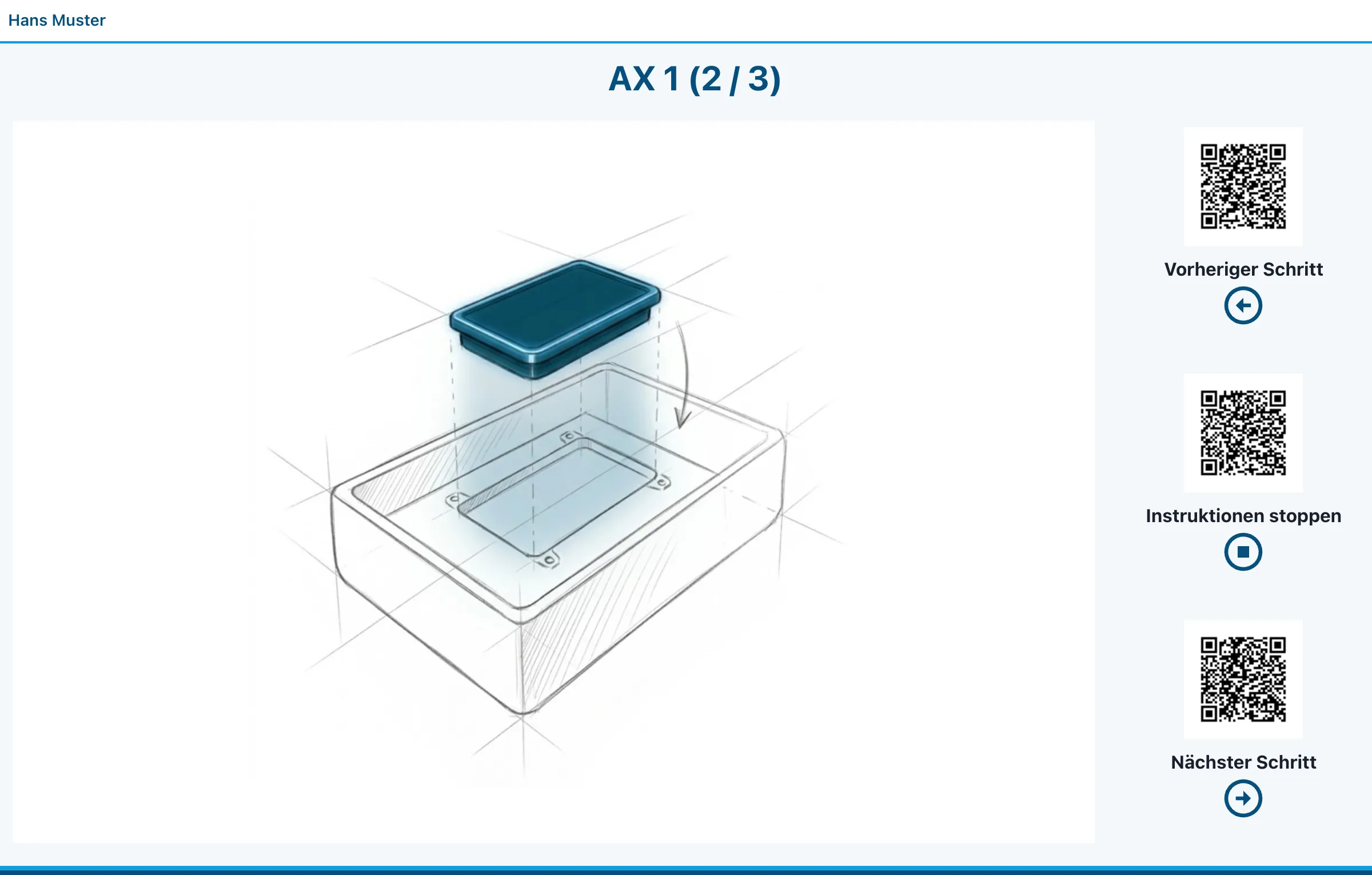 A screenshot of a work instruction as the worker sees it, headed AX 1 with two of three beneath it. Three wide buttons run across the top: previous step, stop instructions, next step. Below them a pencil sketch shows an open rectangular housing seen from above at an angle, with a flat cover plate floating over it. The plate glows blue, thin dashed lines drop from its corners to the place it belongs, and a curved arrow points down into the housing.