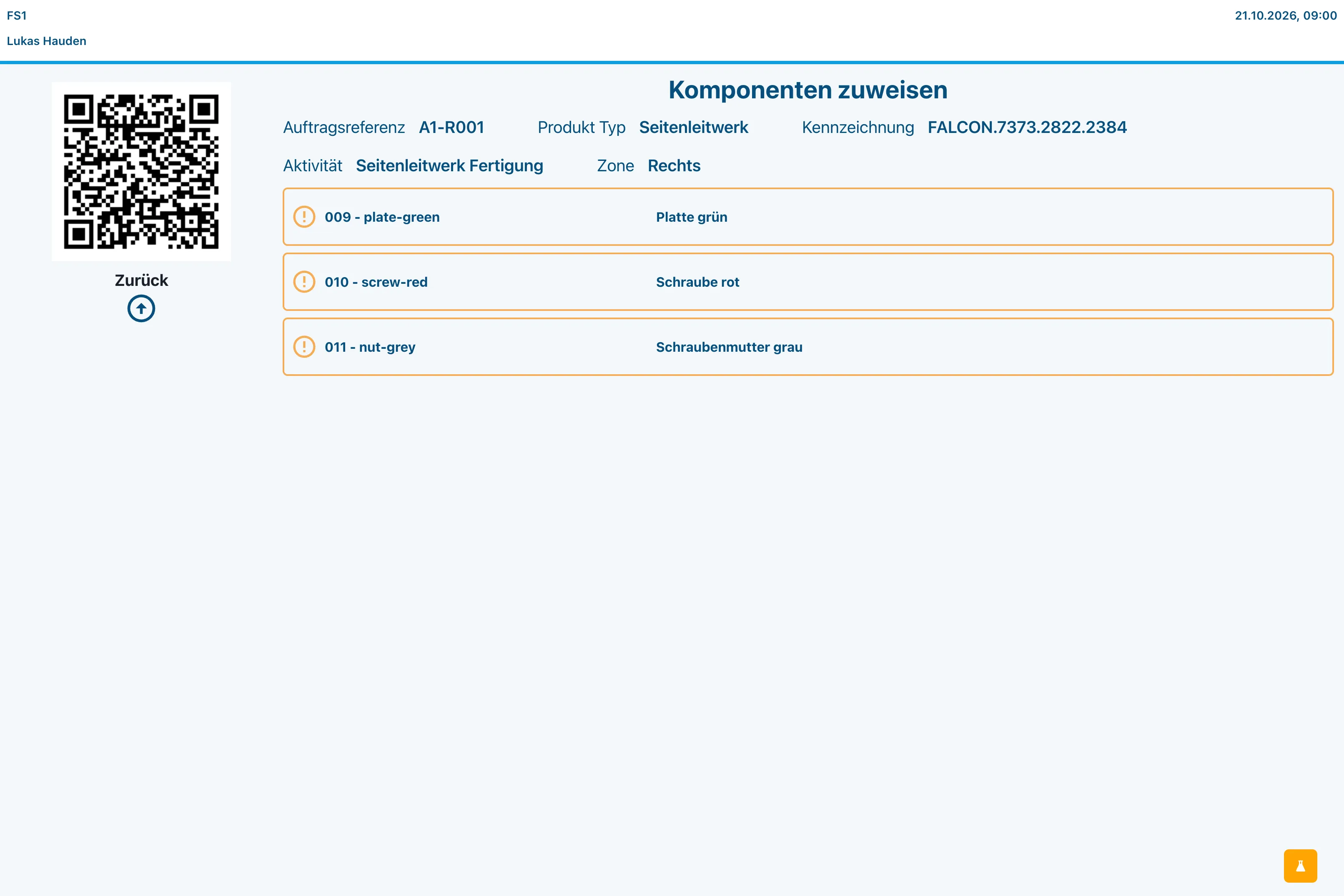 A screenshot of the terminal's component assignment screen, German interface, for the rudder assembly step in the right-hand zone. Three open positions (a green plate, a red screw and a grey nut) are each marked with an orange warning sign.