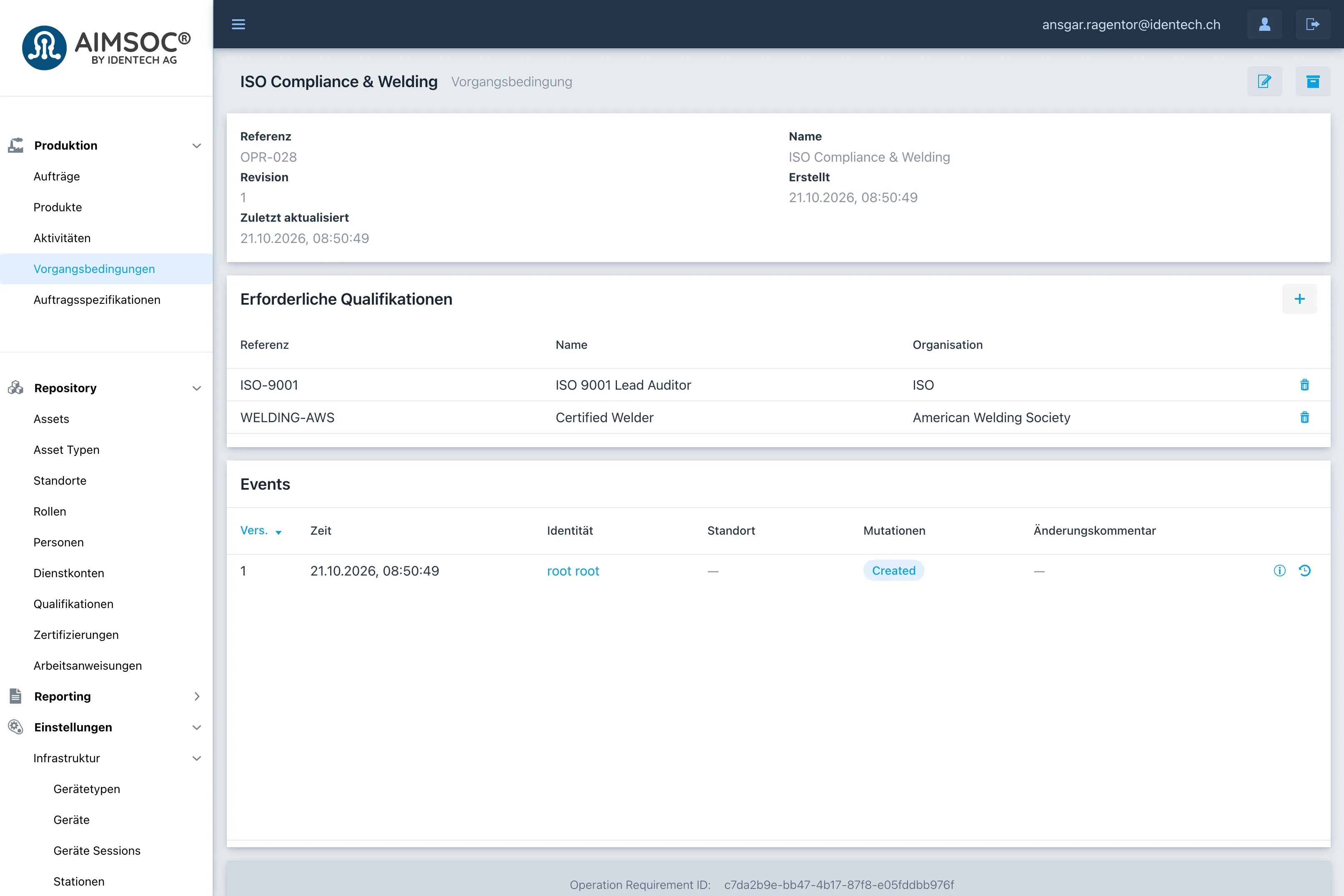 A screenshot of a step condition named ISO Compliance & Welding, German interface. It requires two qualifications, ISO 9001 Lead Auditor and Certified Welder, and its events list shows when it was created.