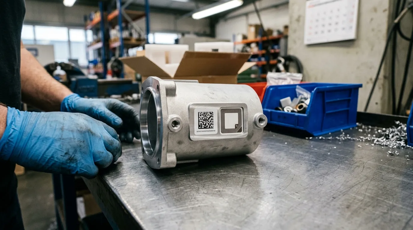 Ein Aluminiumgussgehäuse steht auf einer zerkratzten Werkbank aus Stahl. Auf seiner Flanke sitzen nebeneinander auf einer bearbeiteten Fläche ein Etikett mit einem zweidimensionalen Code und ein RFID-Transponder, dessen Antennenspule durchscheint. Von links greifen zwei Hände in Handschuhen ins Bild. Dahinter eine blaue Sichtlagerbox, ein offener Karton und Späne auf der Werkbank.