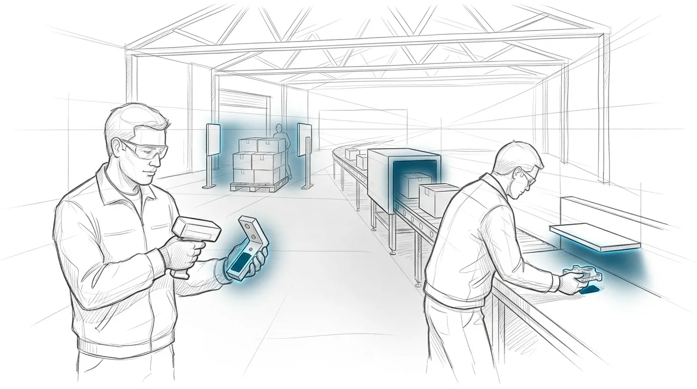 Strichzeichnung einer Lagerhalle, in der Mitarbeitende ein getaggtes Bauteil mit einem Handlesegerät erfassen, während Kartons auf einem Förderband ein RFID-Gate passieren