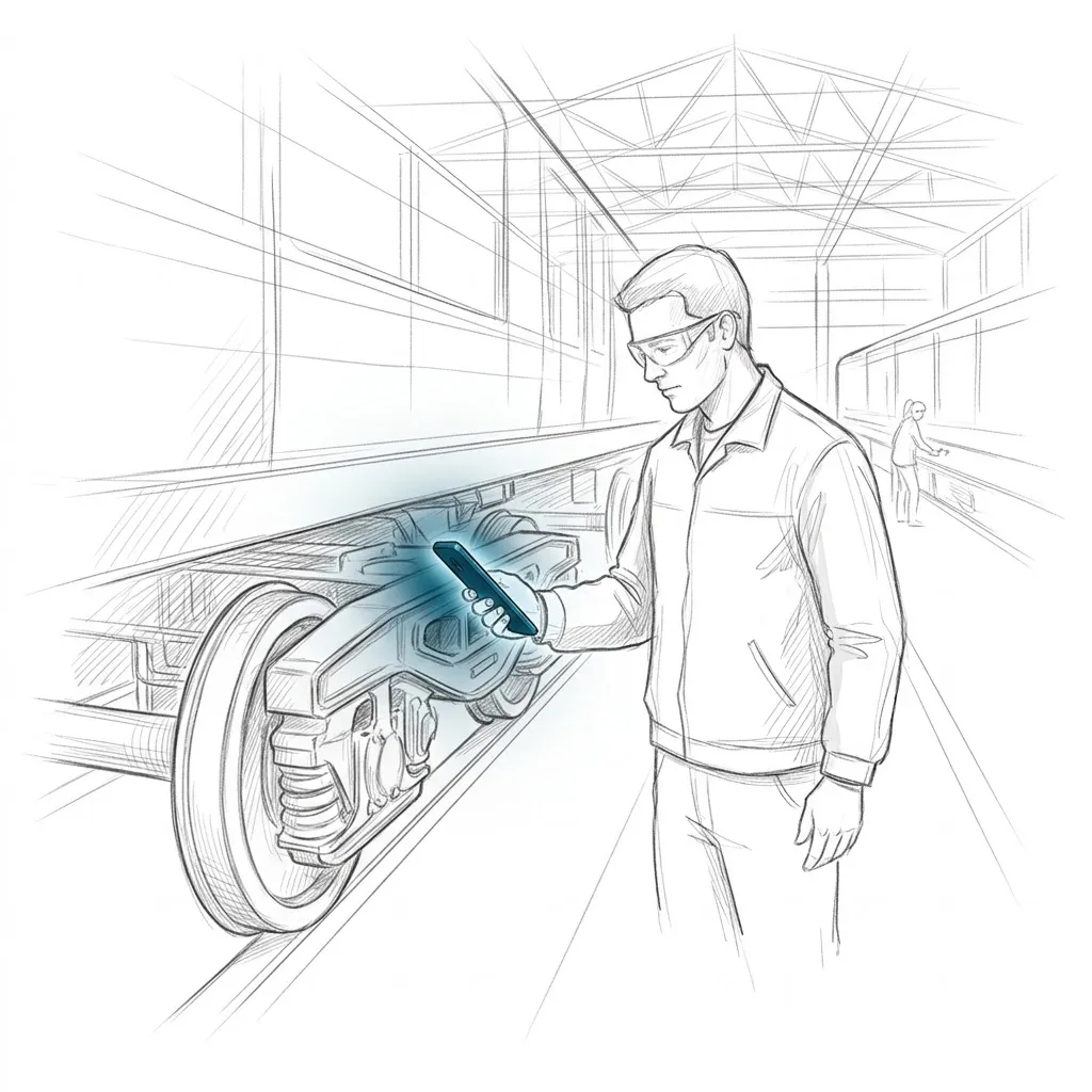 In einem Bahndepot hält eine Person ein Handlesegerät nah an das Drehgestell eines Wagens.