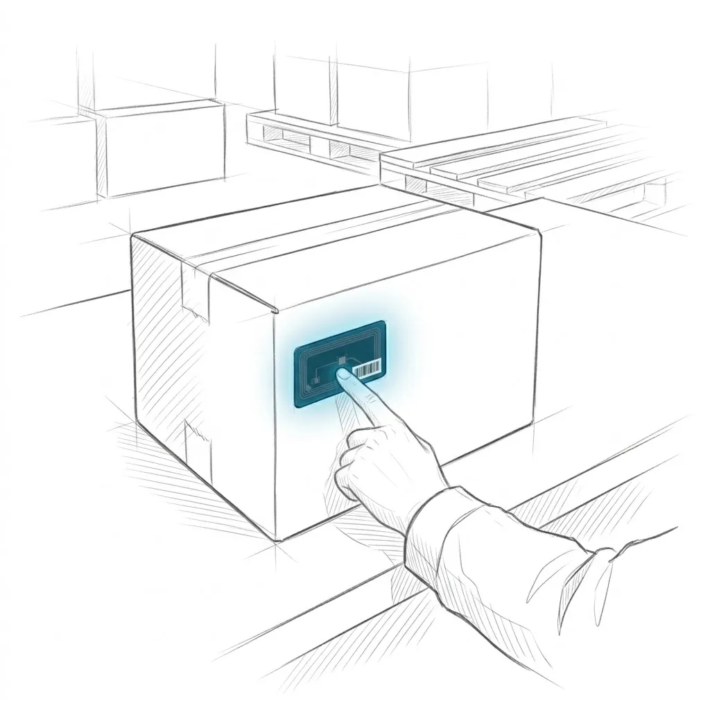 Ein Finger drückt ein kleines RFID-Etikett mit aufgedrucktem Barcode auf die Seite eines Kartons.