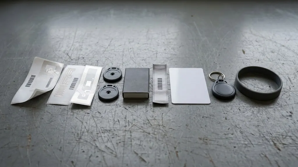 In einer Reihe auf einer zerkratzten Metallarbeitsfläche liegen RFID-Etiketten, zwei runde Hard-Tags, ein On-Metal-Tag, ein Textiltransponder, eine weisse Karte, ein Schlüsselanhänger am Schlüsselring und ein Armband.