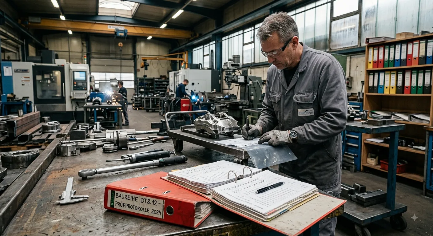 Eine Person an einer Werkbank in einer Werkstatt beschriftet von Hand ein Formular, das an einem Bauteil auf einem Wagen klemmt. Davor liegt ein aufgeschlagener Ordner mit handschriftlichen Einträgen, daneben ein geschlossener Ordner mit der Aufschrift «Baureihe DT8.12 — Prüfprotokolle 2024», dahinter ein Regal mit weiteren Ordnern.